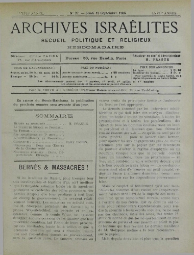Archives israélites de France. Vol.67 N°37 (13 sept. 1906)